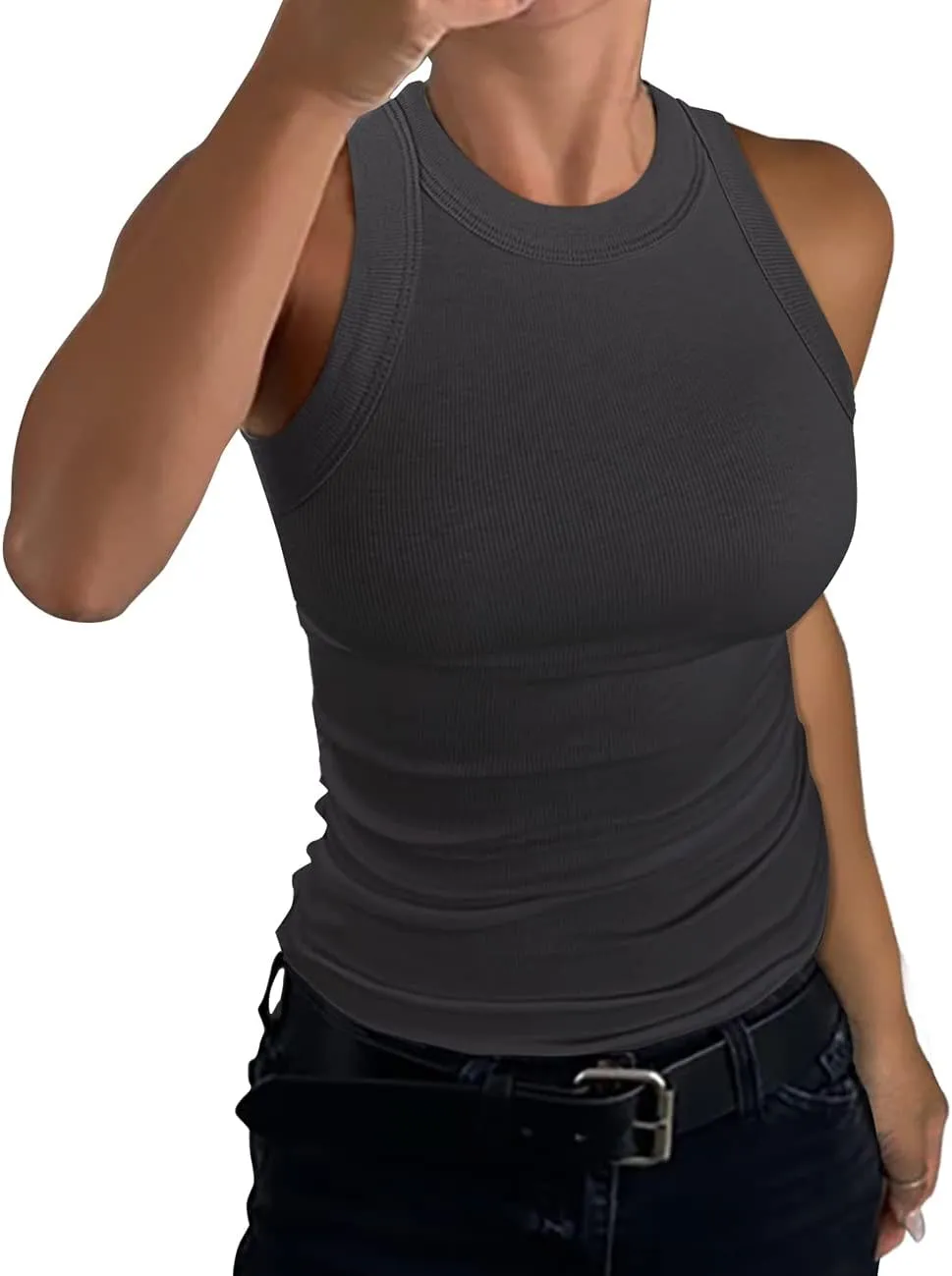 GEMBERA Womens Sleeveless Racerback High Neck Casual Basic Cotton Ribbed Fitted Tank Top