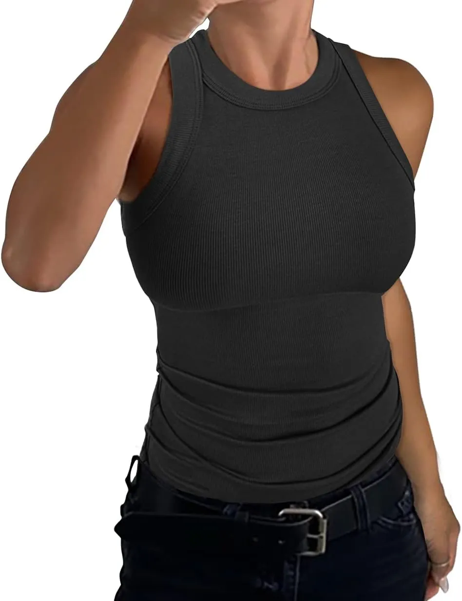 GEMBERA Womens Sleeveless Racerback High Neck Casual Basic Cotton Ribbed Fitted Tank Top