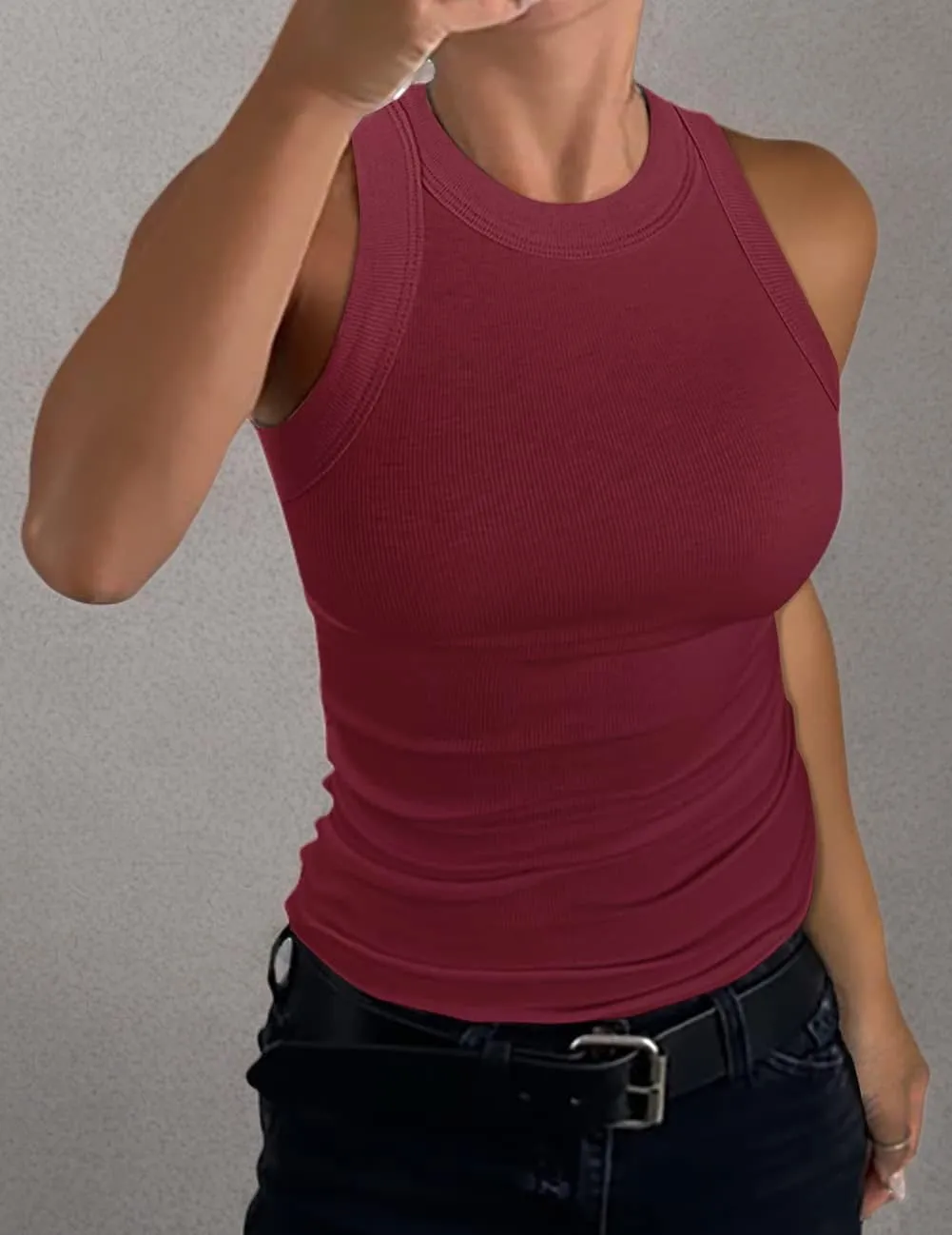 GEMBERA Womens Sleeveless Racerback High Neck Casual Basic Cotton Ribbed Fitted Tank Top
