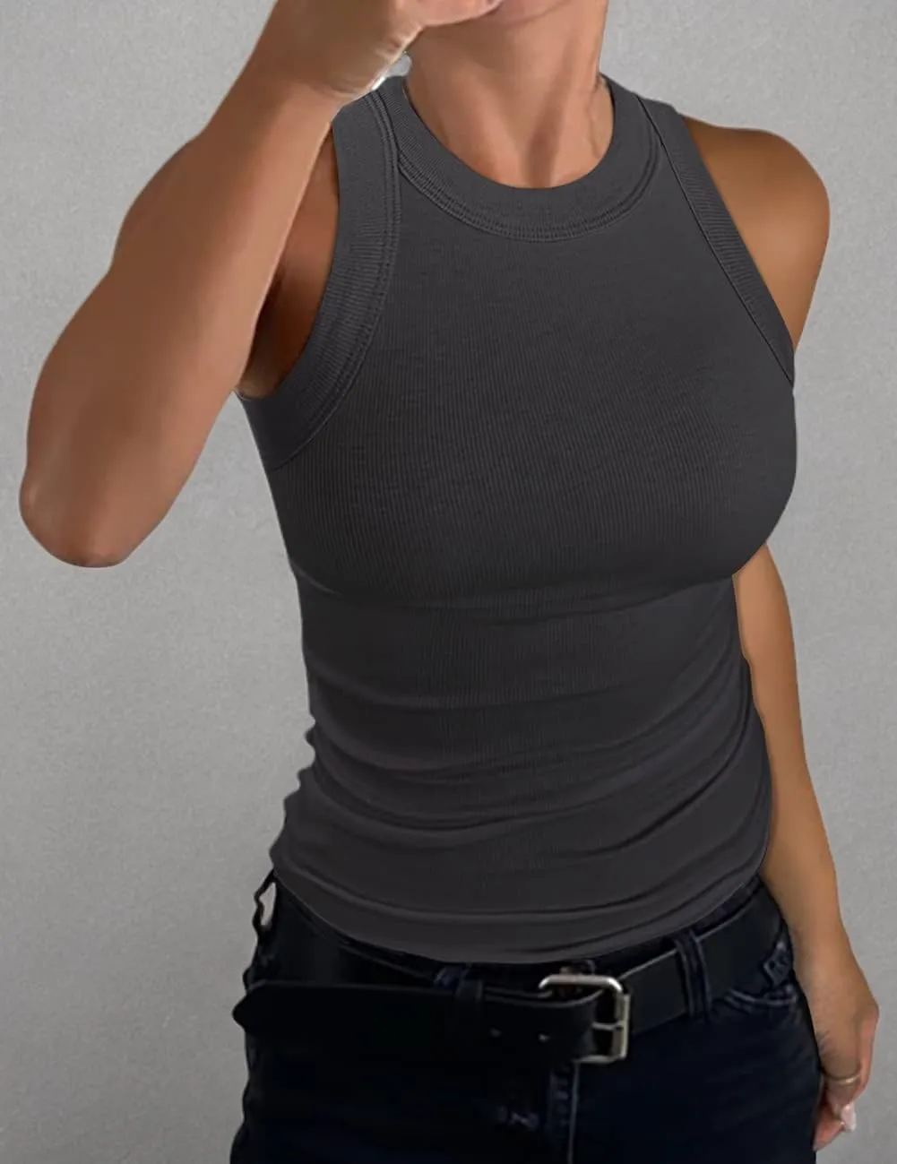 GEMBERA Womens Sleeveless Racerback High Neck Casual Basic Cotton Ribbed Fitted Tank Top