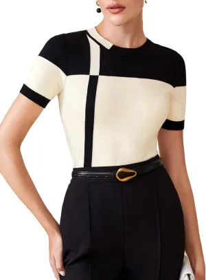 GORGLITTER Women's Color Blcok Short Sleeve Lightweight Sweater Elegant Round Neck Knit Top