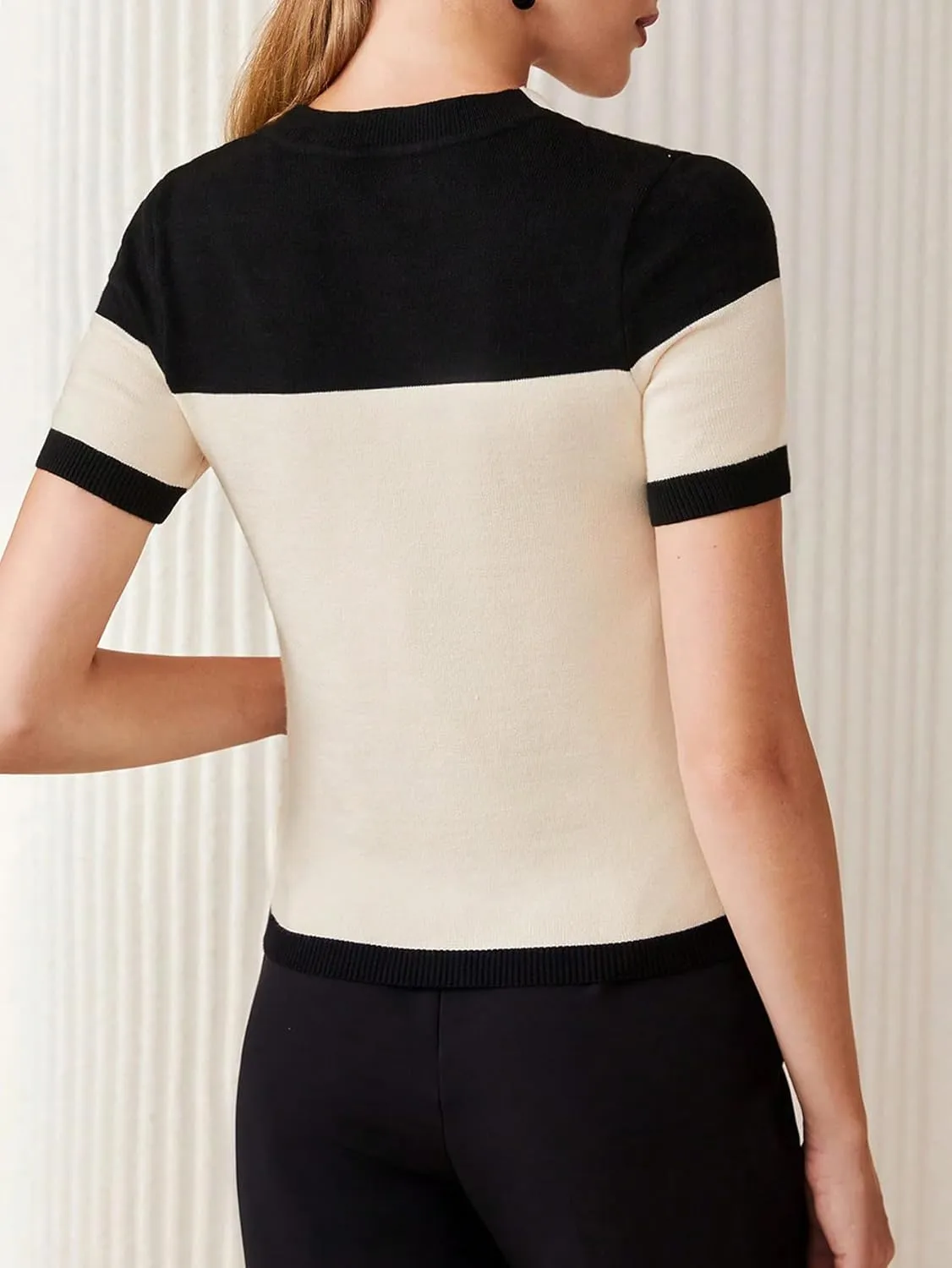 GORGLITTER Women's Color Blcok Short Sleeve Lightweight Sweater Elegant Round Neck Knit Top