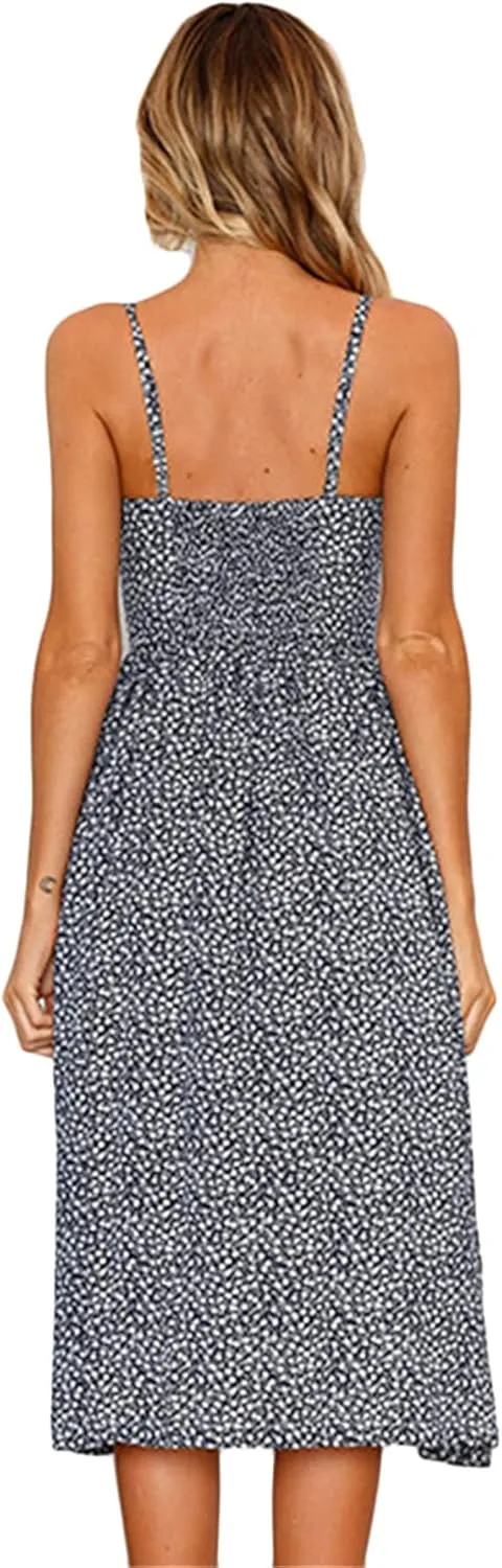 GRASWE Women's Summer V Neck Dress Floral Print Spaghetti Strap Sundress Button Down Beach Dresses with Pockets