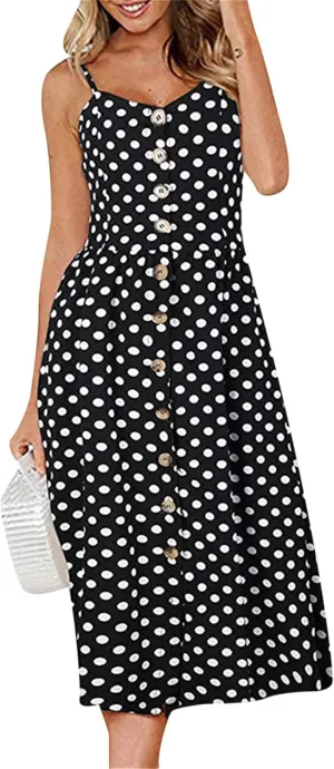 GRASWE Women's Summer V Neck Dress Floral Print Spaghetti Strap Sundress Button Down Beach Dresses with Pockets
