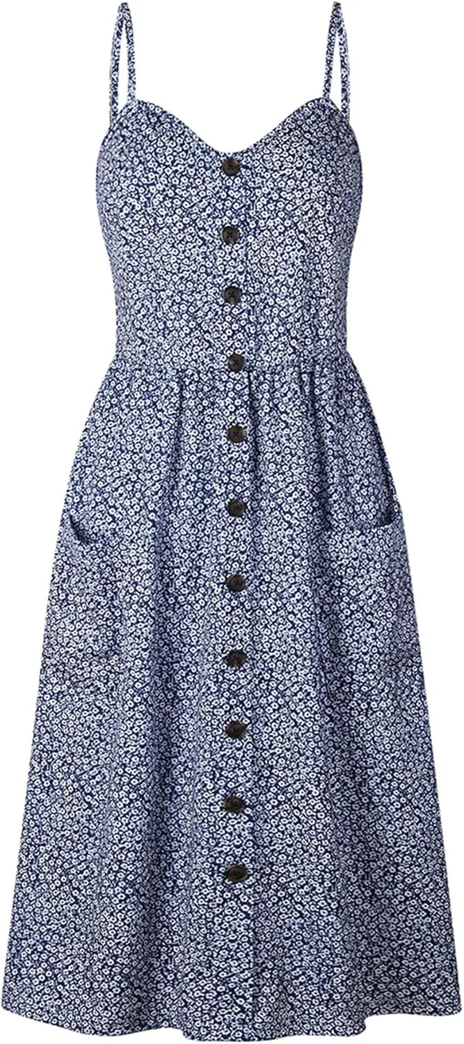 GRASWE Women's Summer V Neck Dress Floral Print Spaghetti Strap Sundress Button Down Beach Dresses with Pockets