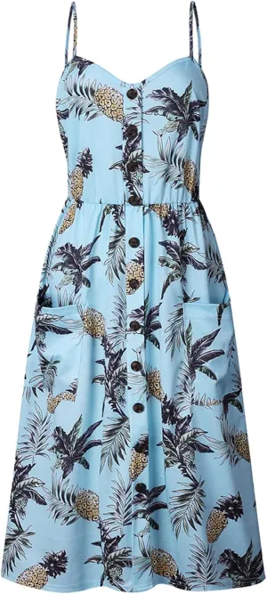 GRASWE Women's Summer V Neck Dress Floral Print Spaghetti Strap Sundress Button Down Beach Dresses with Pockets