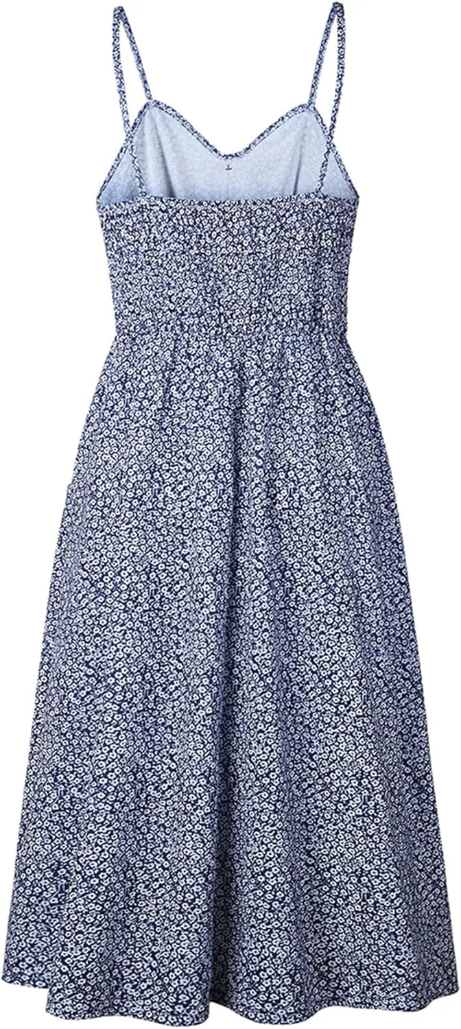 GRASWE Women's Summer V Neck Dress Floral Print Spaghetti Strap Sundress Button Down Beach Dresses with Pockets