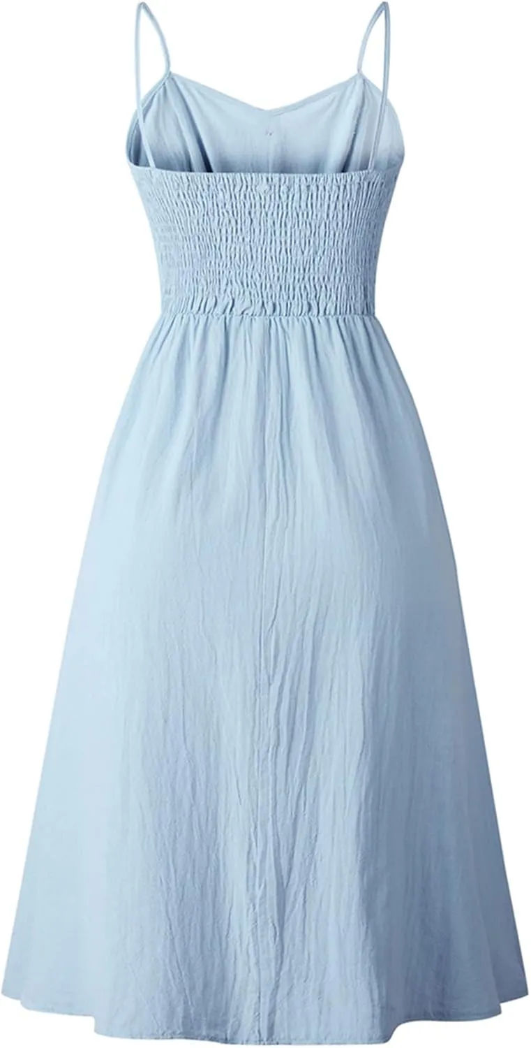 GRASWE Women's Summer V Neck Dress Floral Print Spaghetti Strap Sundress Button Down Beach Dresses with Pockets