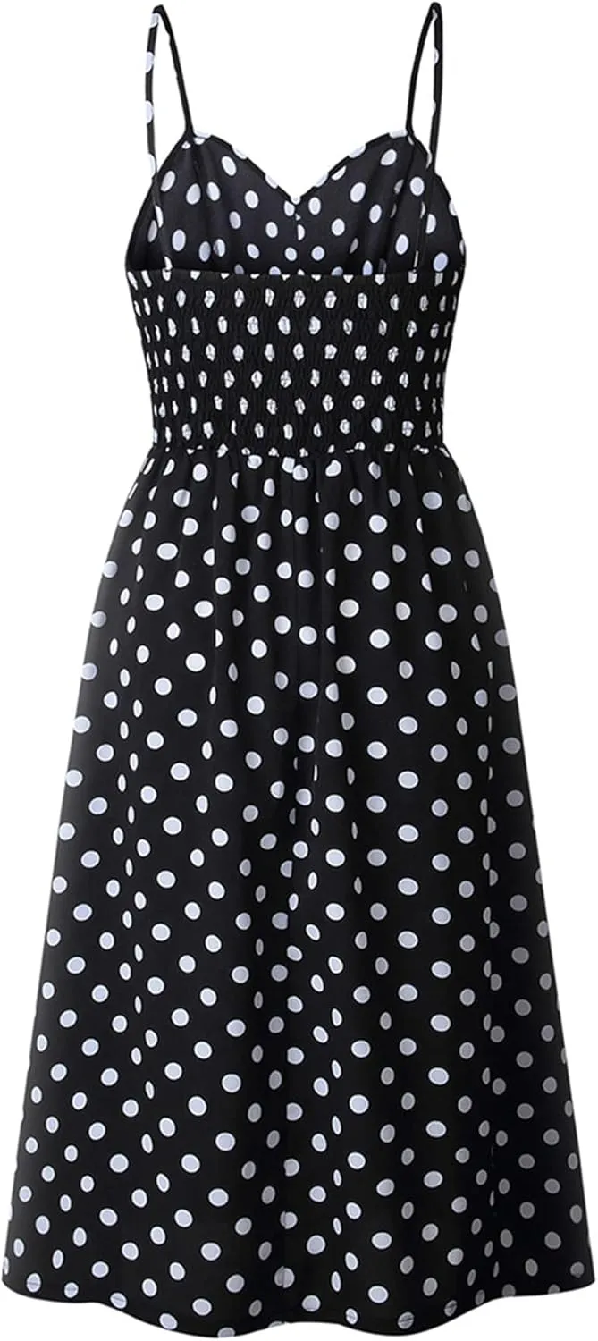 GRASWE Women's Summer V Neck Dress Floral Print Spaghetti Strap Sundress Button Down Beach Dresses with Pockets
