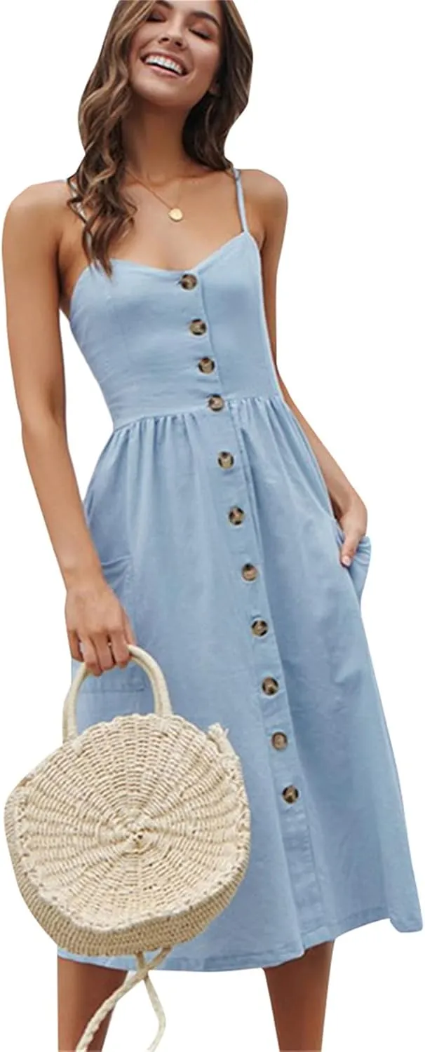 GRASWE Women's Summer V Neck Dress Floral Print Spaghetti Strap Sundress Button Down Beach Dresses with Pockets