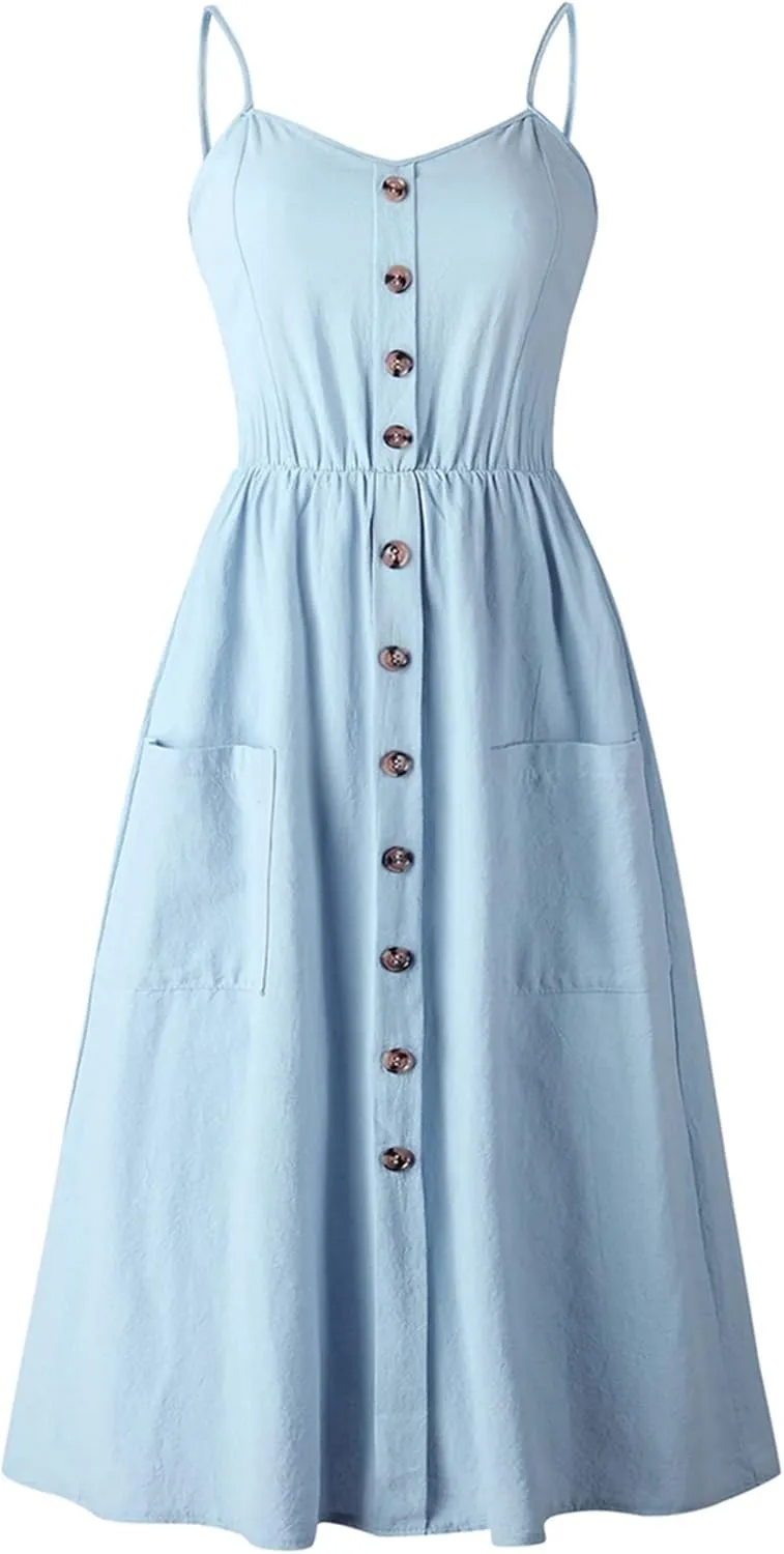 GRASWE Women's Summer V Neck Dress Floral Print Spaghetti Strap Sundress Button Down Beach Dresses with Pockets