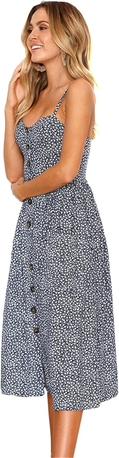 GRASWE Women's Summer V Neck Dress Floral Print Spaghetti Strap Sundress Button Down Beach Dresses with Pockets