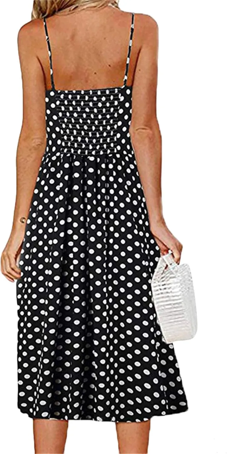 GRASWE Women's Summer V Neck Dress Floral Print Spaghetti Strap Sundress Button Down Beach Dresses with Pockets
