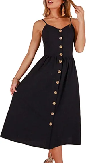 GRASWE Women's Summer V Neck Dress Floral Print Spaghetti Strap Sundress Button Down Beach Dresses with Pockets