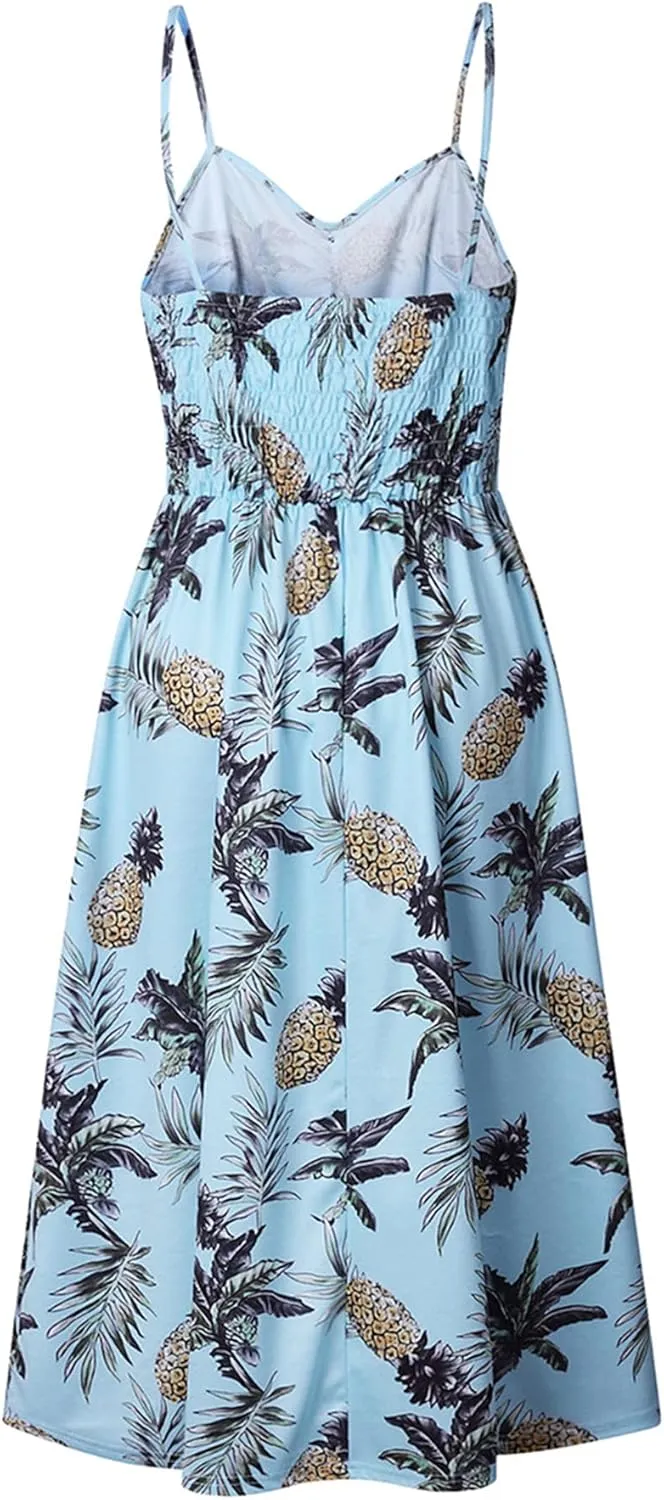 GRASWE Women's Summer V Neck Dress Floral Print Spaghetti Strap Sundress Button Down Beach Dresses with Pockets