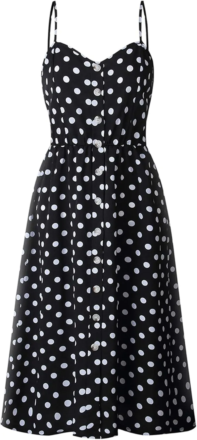 GRASWE Women's Summer V Neck Dress Floral Print Spaghetti Strap Sundress Button Down Beach Dresses with Pockets