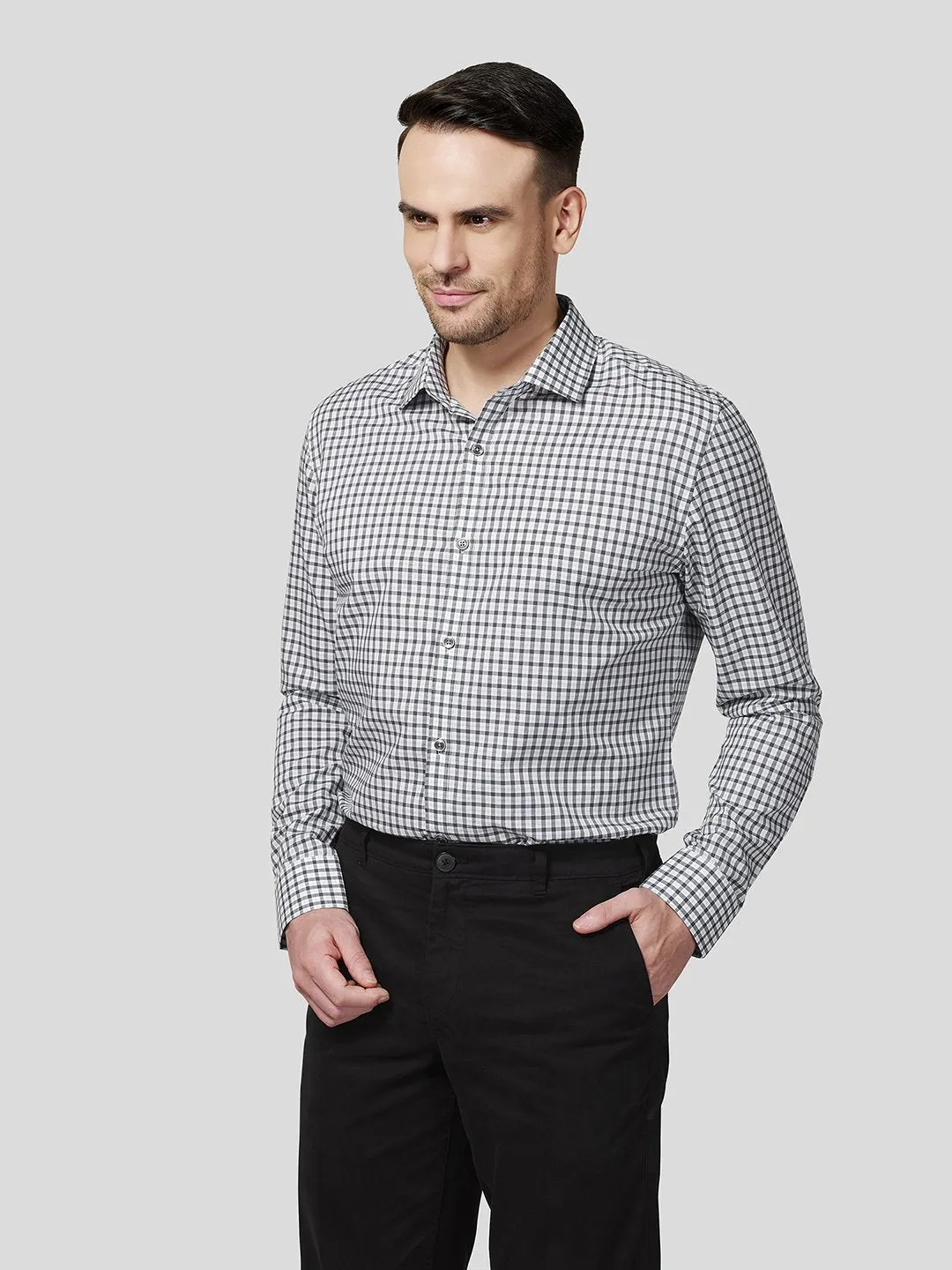 Grey Spread Collar Checks Shirt