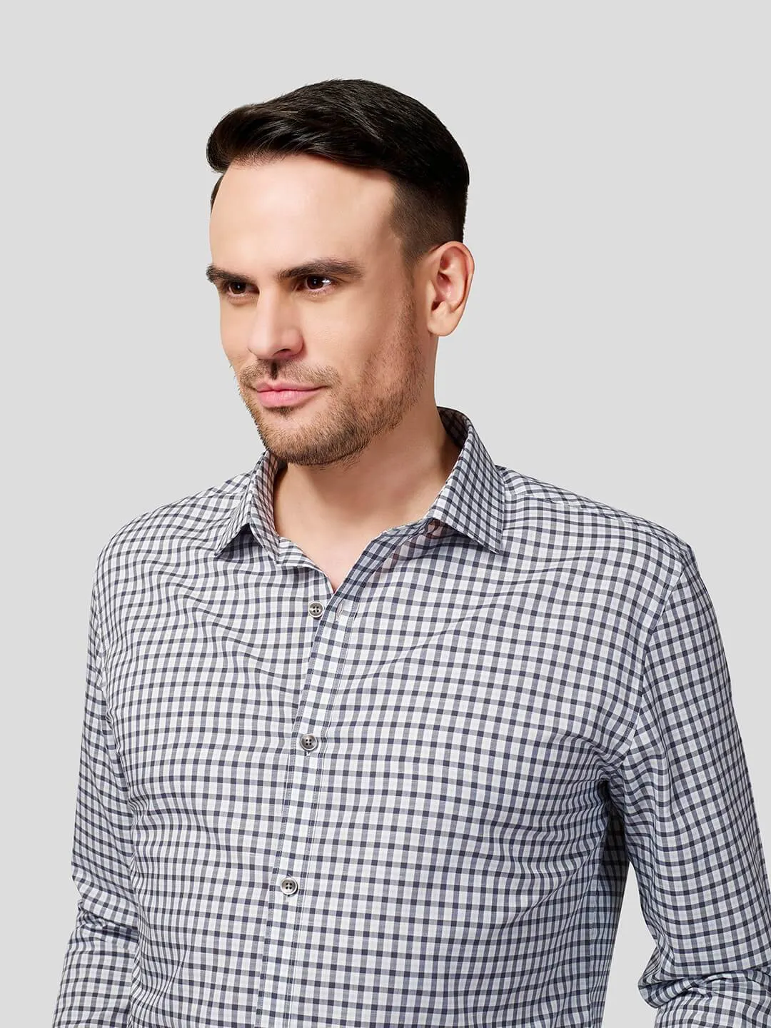 Grey Spread Collar Checks Shirt