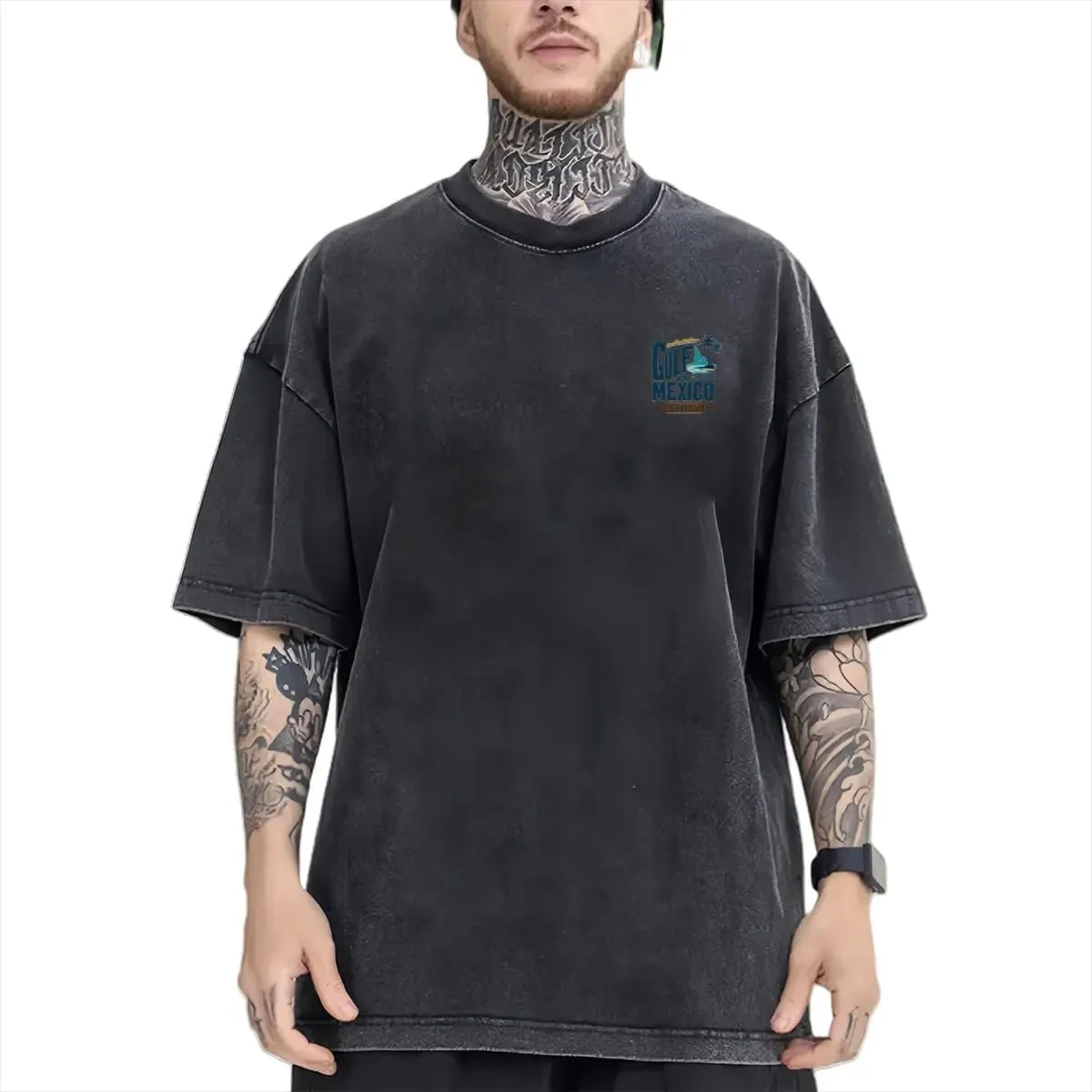 Gulf of Mexico Vintage Sunset Palm Trees Ocean Classic Two Sides Retro Short Sleeve Shirt Men's Round Neck Sports T-Shirt