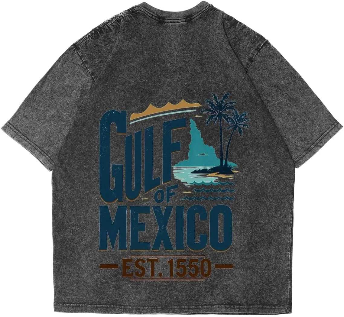 Gulf of Mexico Vintage Sunset Palm Trees Ocean Classic Two Sides Retro Short Sleeve Shirt Men's Round Neck Sports T-Shirt