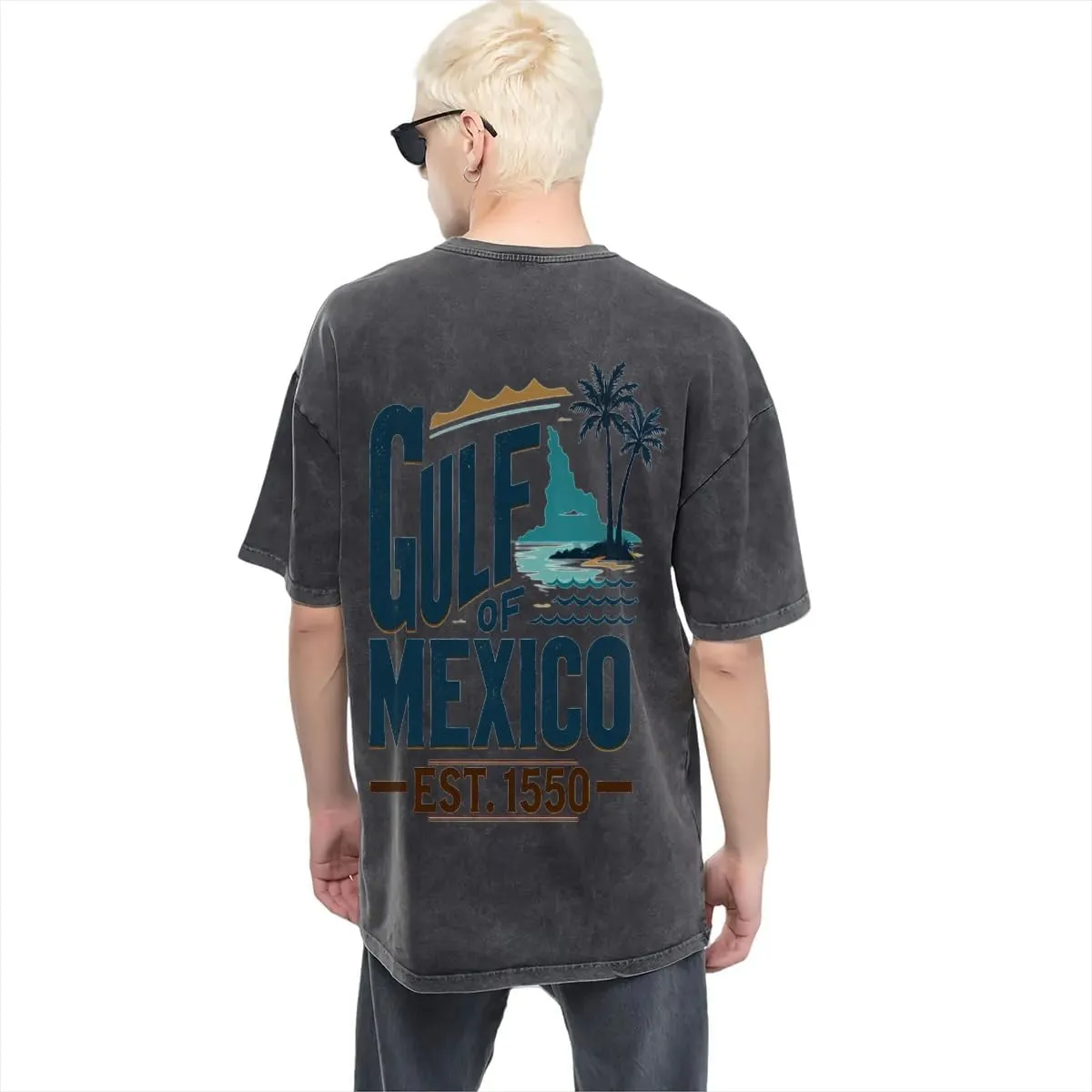 Gulf of Mexico Vintage Sunset Palm Trees Ocean Classic Two Sides Retro Short Sleeve Shirt Men's Round Neck Sports T-Shirt