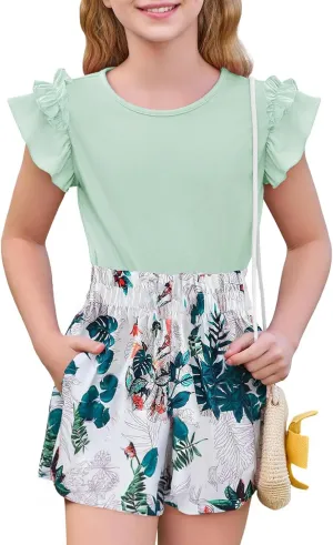 Haloumoning Girls 2 Piece Summer Outfits Clothes Ruffle Short Sleeve Shirts and High Waist Paper Bag Shorts Sets with Pockets