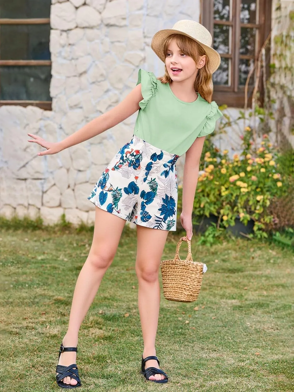 Haloumoning Girls 2 Piece Summer Outfits Clothes Ruffle Short Sleeve Shirts and High Waist Paper Bag Shorts Sets with Pockets