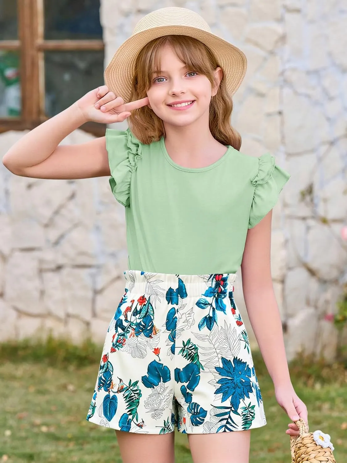 Haloumoning Girls 2 Piece Summer Outfits Clothes Ruffle Short Sleeve Shirts and High Waist Paper Bag Shorts Sets with Pockets