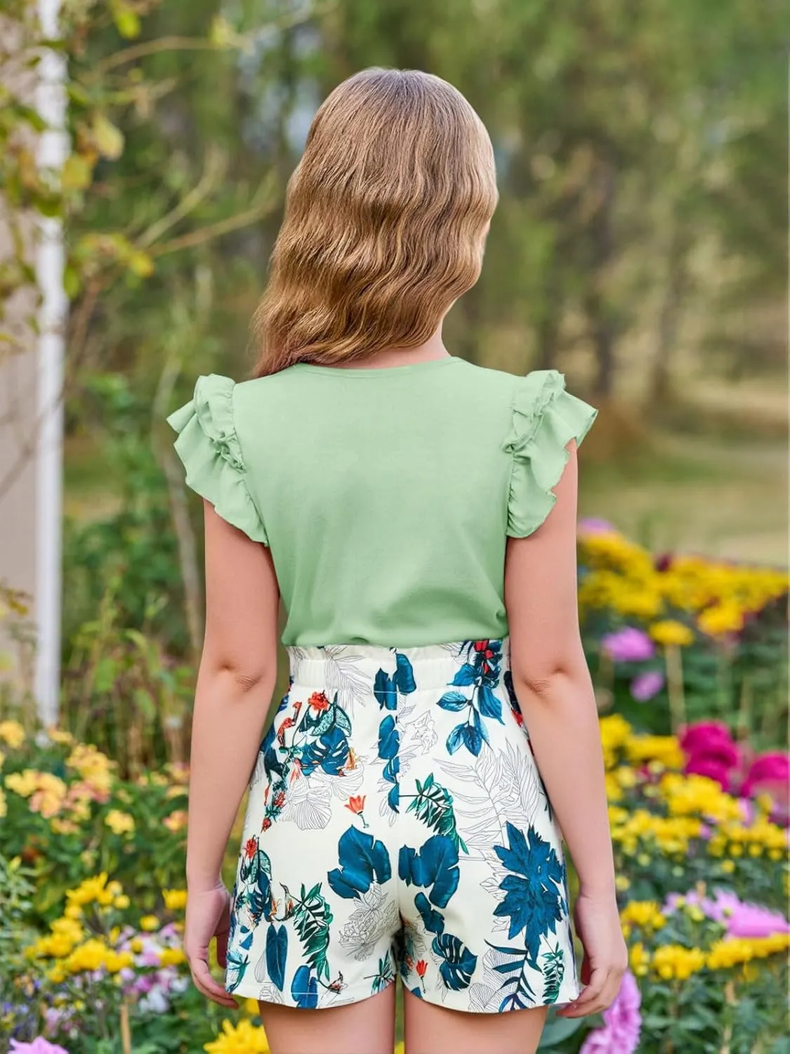 Haloumoning Girls 2 Piece Summer Outfits Clothes Ruffle Short Sleeve Shirts and High Waist Paper Bag Shorts Sets with Pockets