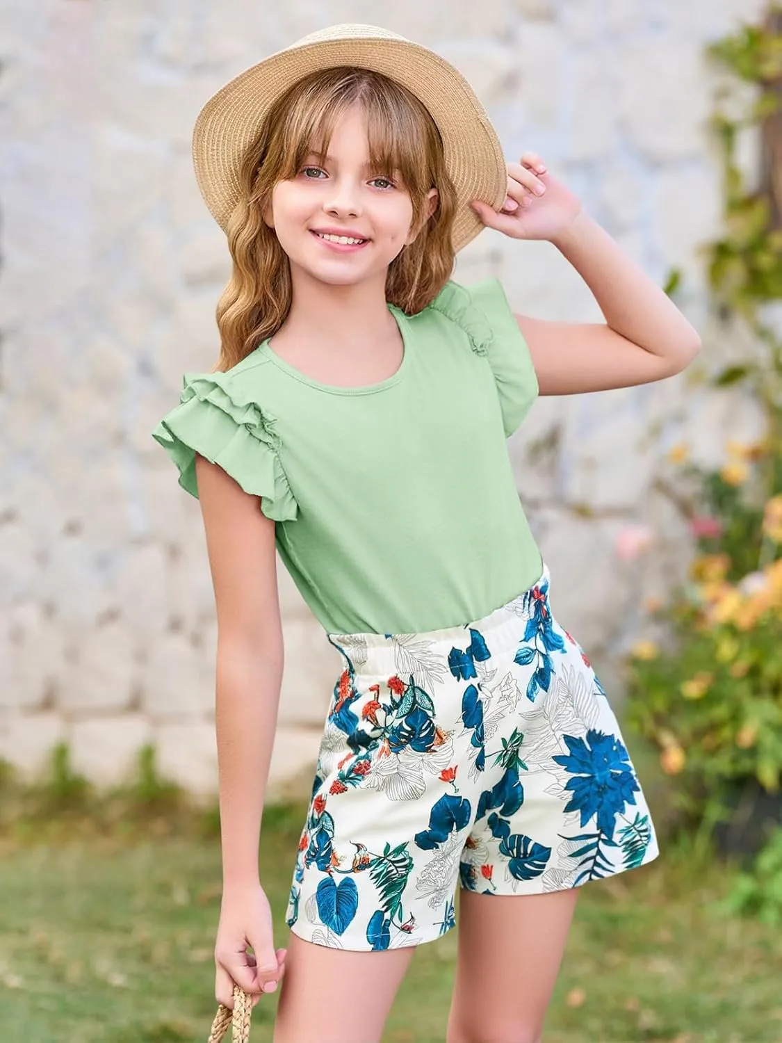 Haloumoning Girls 2 Piece Summer Outfits Clothes Ruffle Short Sleeve Shirts and High Waist Paper Bag Shorts Sets with Pockets