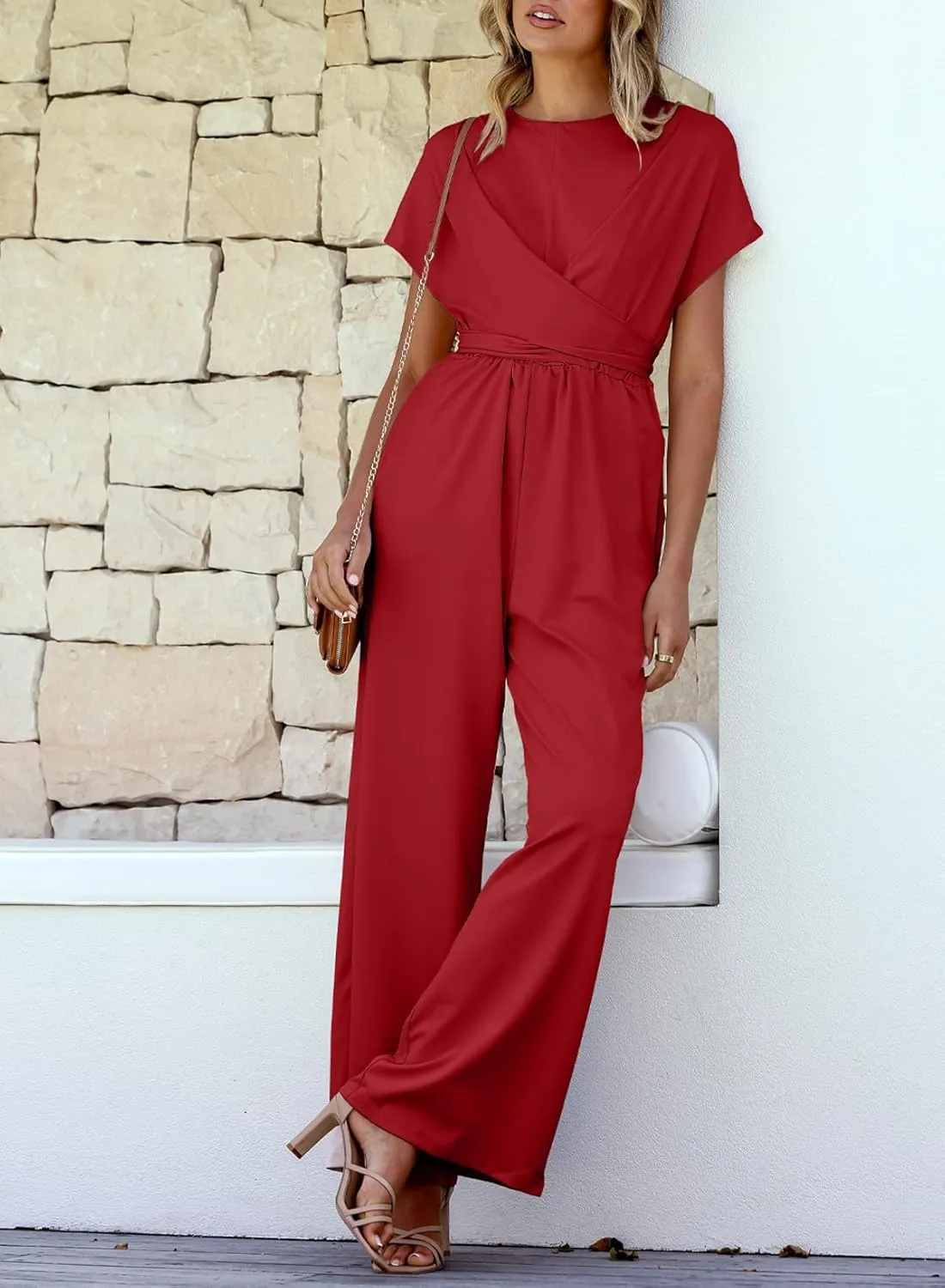 Happy Sailed Women Jumpsuits Dressy Short Sleeve Front Crisscross Tie Waist Belted Wide Leg Pant Romper with Pockets
