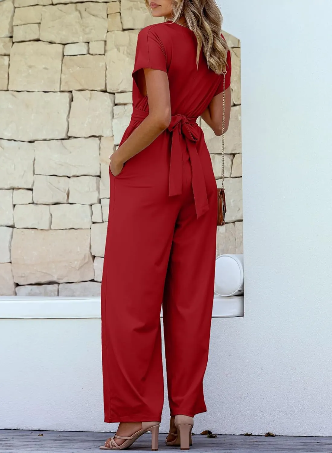 Happy Sailed Women Jumpsuits Dressy Short Sleeve Front Crisscross Tie Waist Belted Wide Leg Pant Romper with Pockets