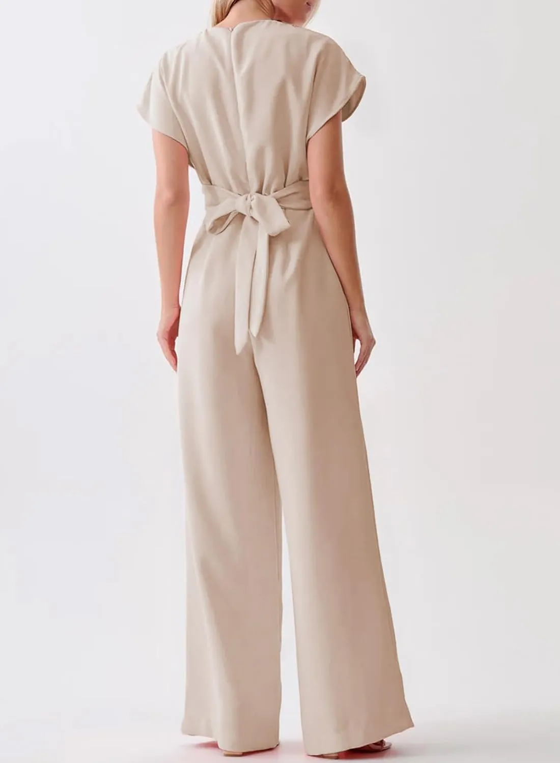 Happy Sailed Women Jumpsuits Dressy Short Sleeve Front Crisscross Tie Waist Belted Wide Leg Pant Romper with Pockets