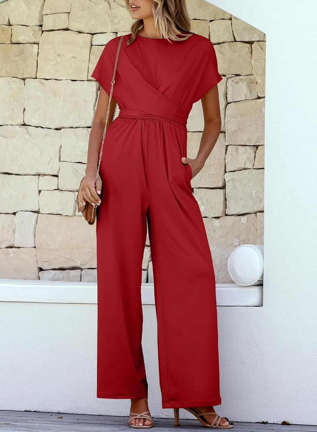 Happy Sailed Women Jumpsuits Dressy Short Sleeve Front Crisscross Tie Waist Belted Wide Leg Pant Romper with Pockets