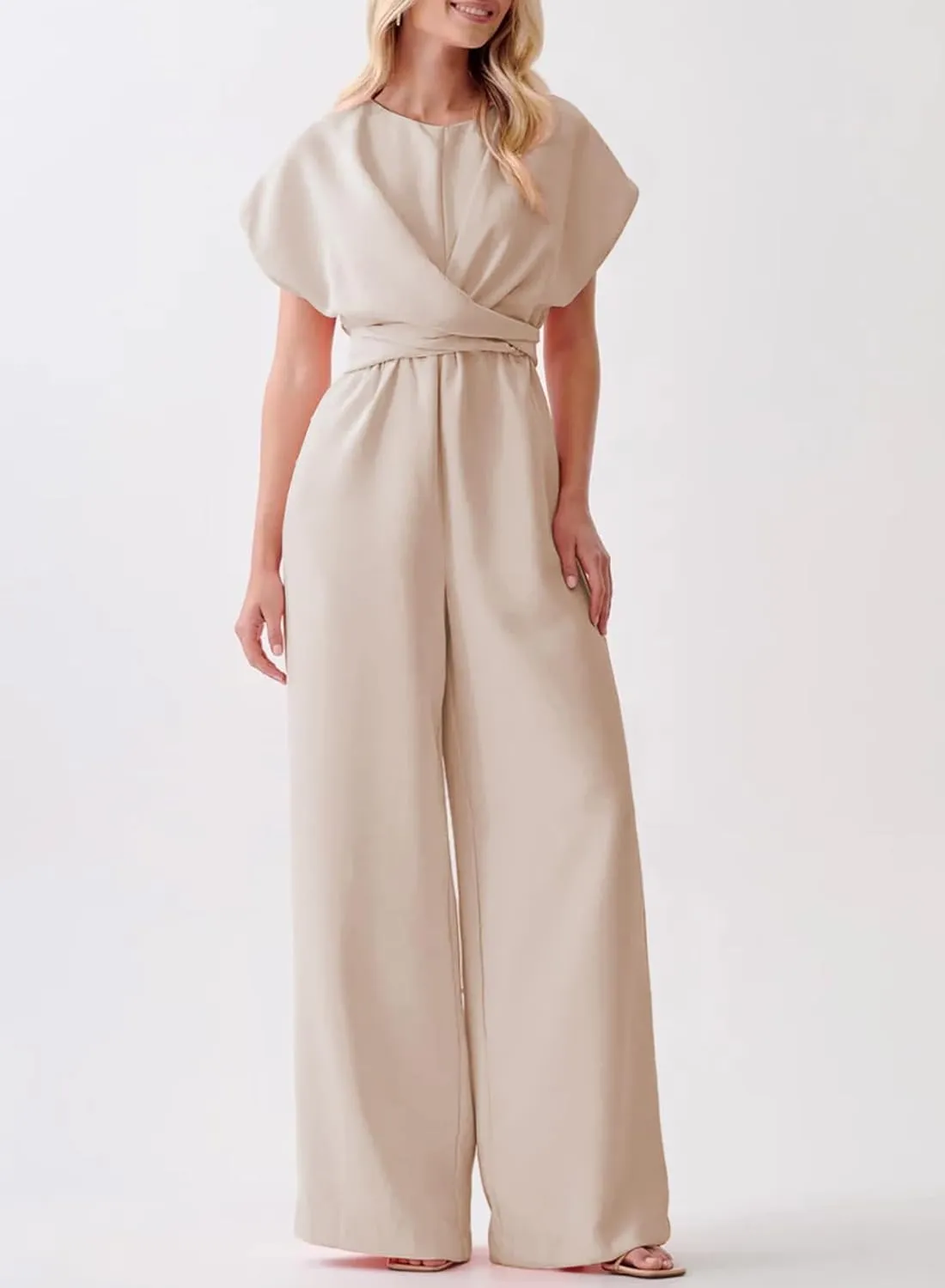 Happy Sailed Women Jumpsuits Dressy Short Sleeve Front Crisscross Tie Waist Belted Wide Leg Pant Romper with Pockets