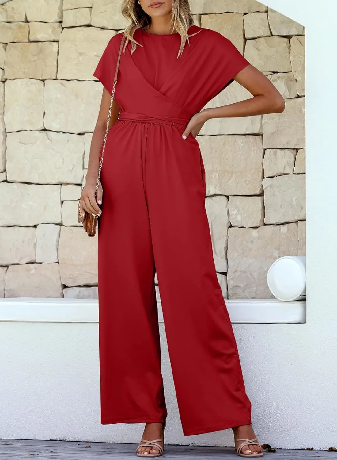 Happy Sailed Women Jumpsuits Dressy Short Sleeve Front Crisscross Tie Waist Belted Wide Leg Pant Romper with Pockets