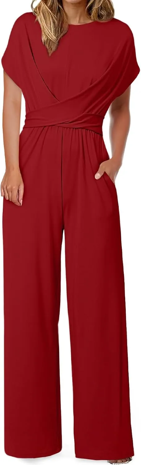 Happy Sailed Women Jumpsuits Dressy Short Sleeve Front Crisscross Tie Waist Belted Wide Leg Pant Romper with Pockets