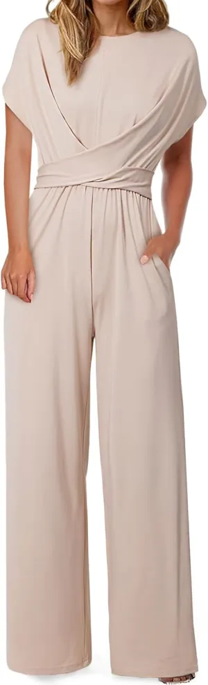 Happy Sailed Women Jumpsuits Dressy Short Sleeve Front Crisscross Tie Waist Belted Wide Leg Pant Romper with Pockets