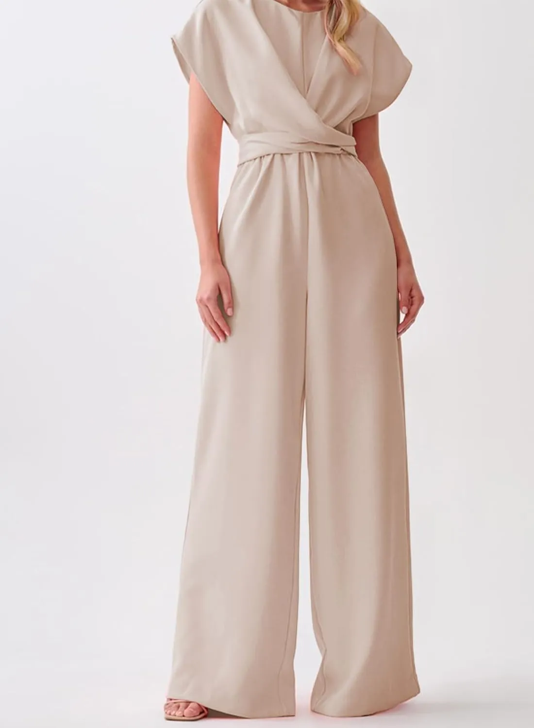 Happy Sailed Women Jumpsuits Dressy Short Sleeve Front Crisscross Tie Waist Belted Wide Leg Pant Romper with Pockets