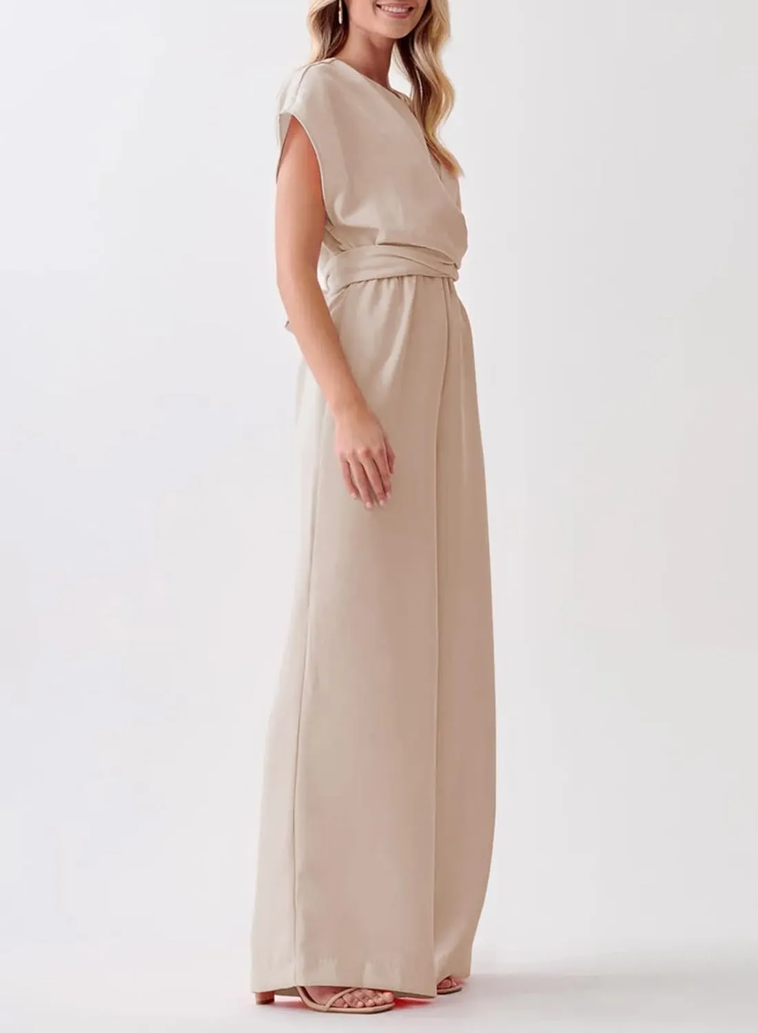 Happy Sailed Women Jumpsuits Dressy Short Sleeve Front Crisscross Tie Waist Belted Wide Leg Pant Romper with Pockets