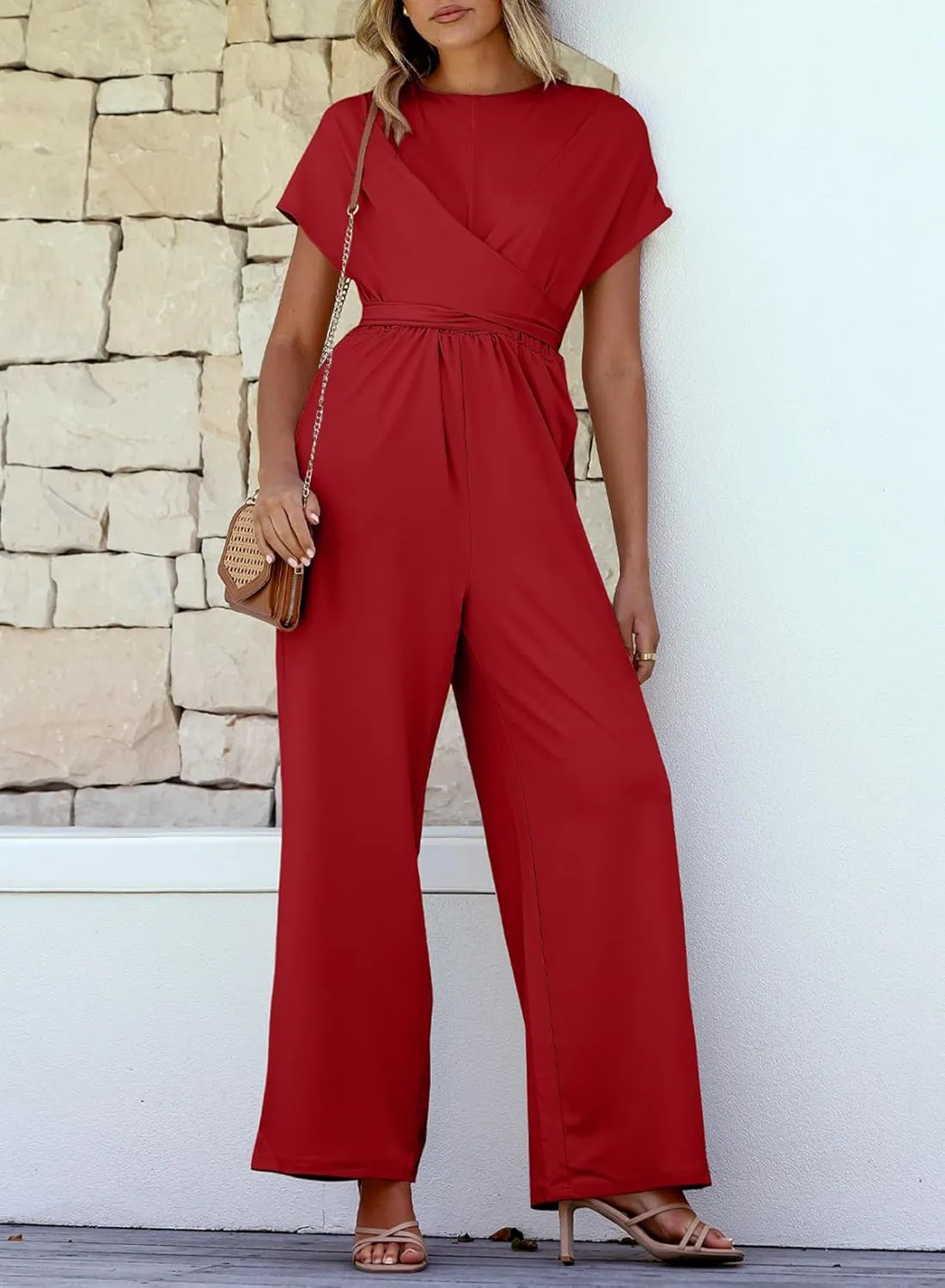 Happy Sailed Women Jumpsuits Dressy Short Sleeve Front Crisscross Tie Waist Belted Wide Leg Pant Romper with Pockets