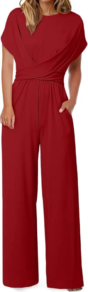 Happy Sailed Women Jumpsuits Dressy Short Sleeve Front Crisscross Tie Waist Belted Wide Leg Pant Romper with Pockets