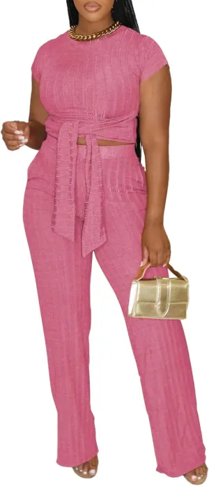 HBQ Women's Summer 2 Piece Outfits Lounge Sets Short Sleeve Belted Crop Tops Wide Leg Pant Sets Casual Tracksuit