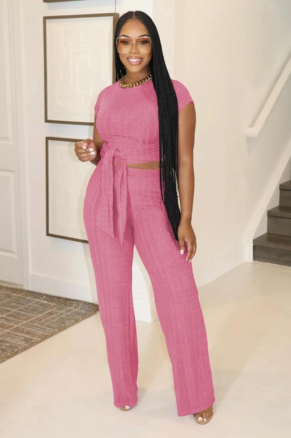 HBQ Women's Summer 2 Piece Outfits Lounge Sets Short Sleeve Belted Crop Tops Wide Leg Pant Sets Casual Tracksuit