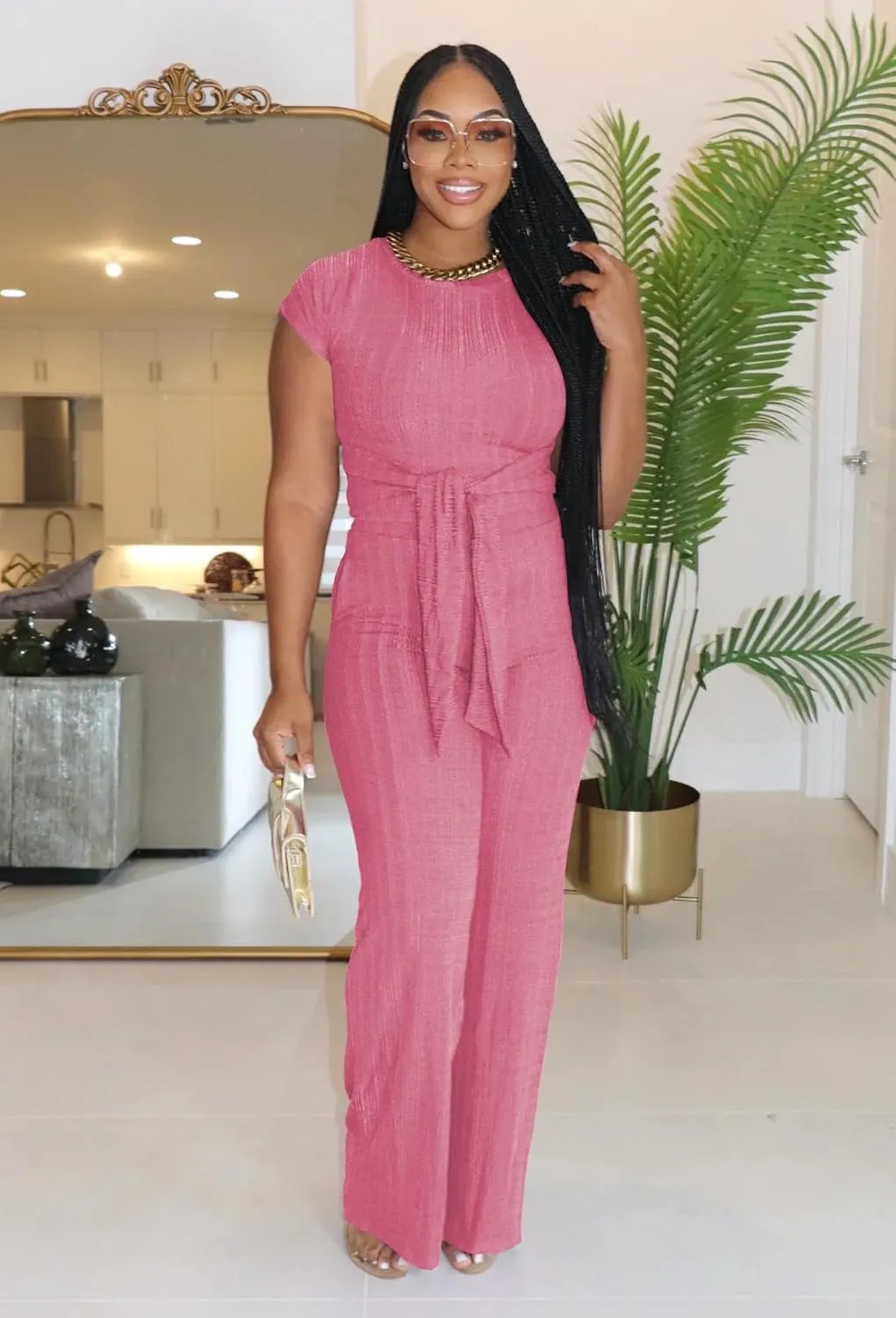 HBQ Women's Summer 2 Piece Outfits Lounge Sets Short Sleeve Belted Crop Tops Wide Leg Pant Sets Casual Tracksuit