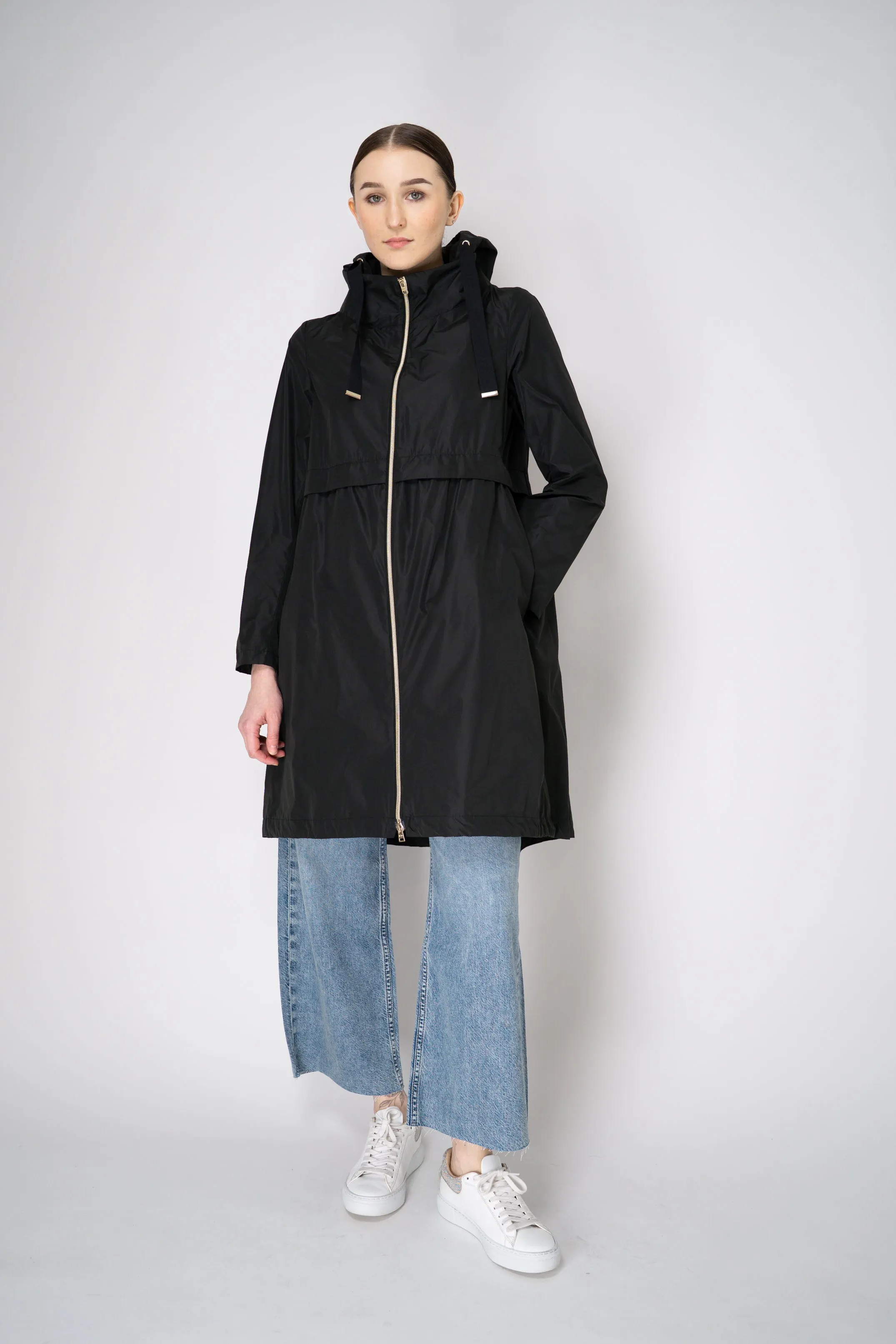 Herno Knee Length Hooded Taffeta Coat in Black