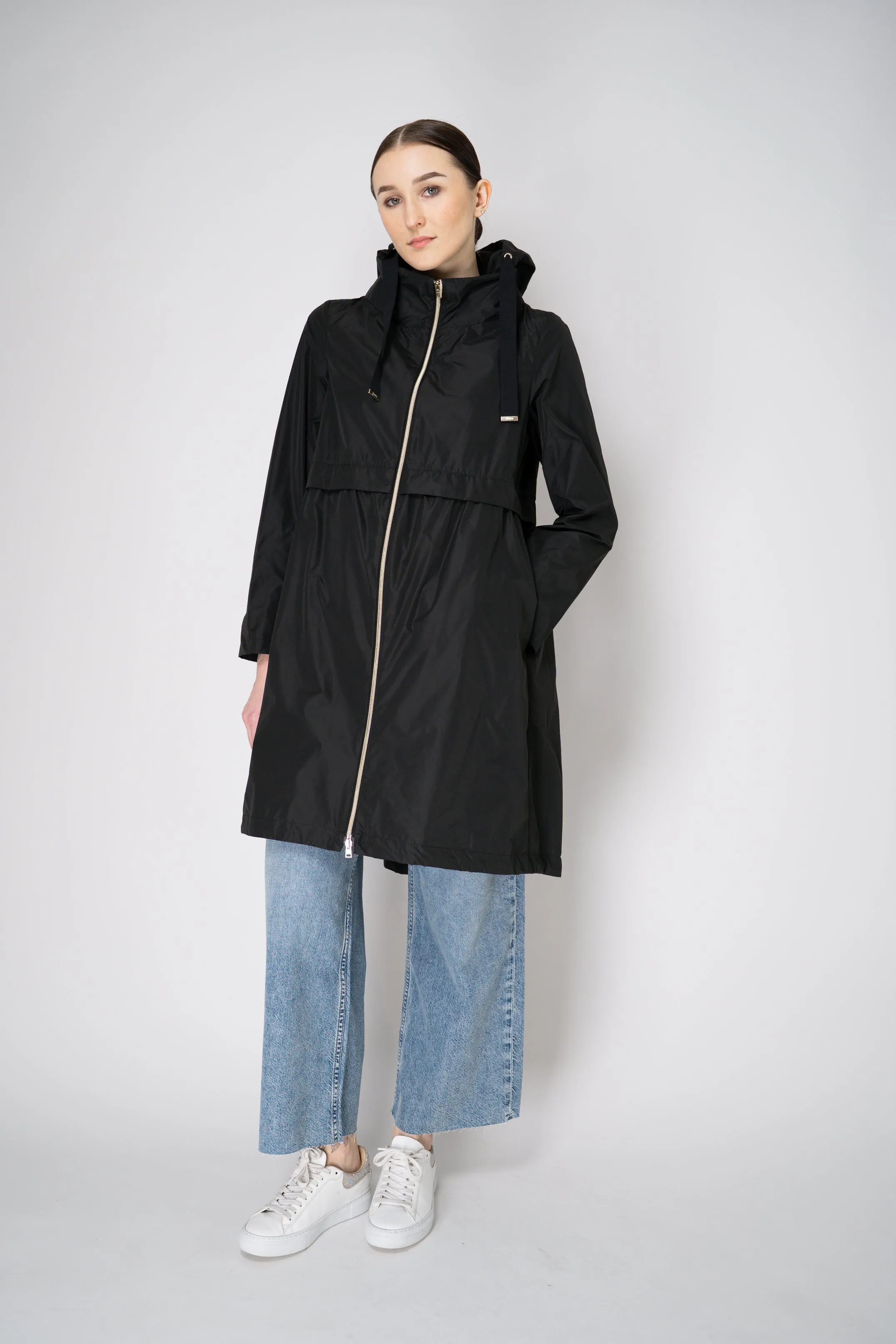 Herno Knee Length Hooded Taffeta Coat in Black
