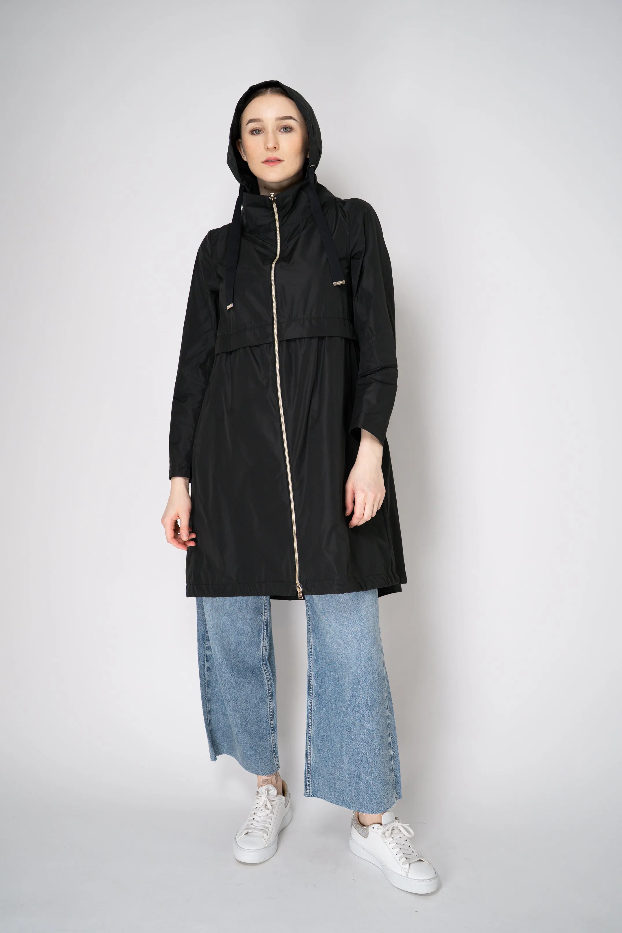 Herno Knee Length Hooded Taffeta Coat in Black