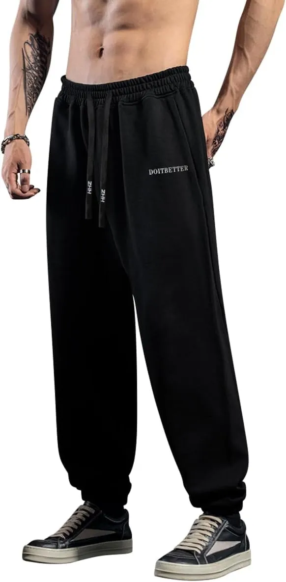 HHZ Men's Cotton Joggers Sweatpants Loose Baggy Gym Workout Yoga Lounge Pants with Elastic Bottom Straight Leg