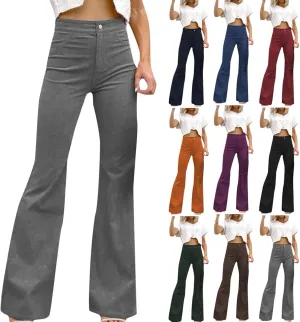 High Waisted Corduroy Flare Pants for Women Button Vintage Bell Bottom Stretchy Comfy Wide Leg Trousers with Pockets